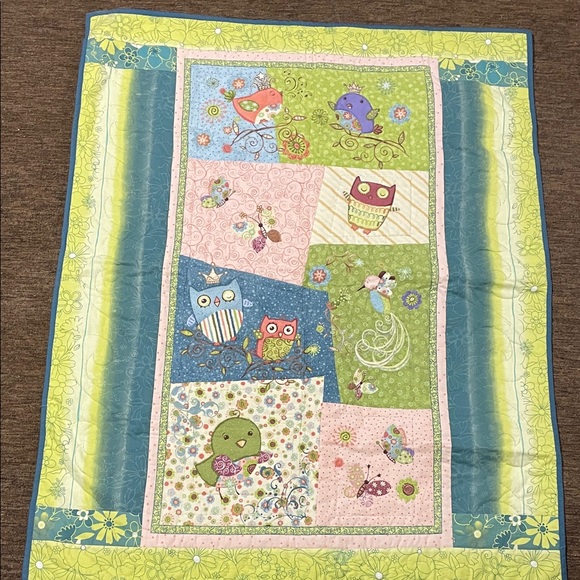Colorful Owl and Bird Patterned Quilt 49x39 - Picture 1 of 8